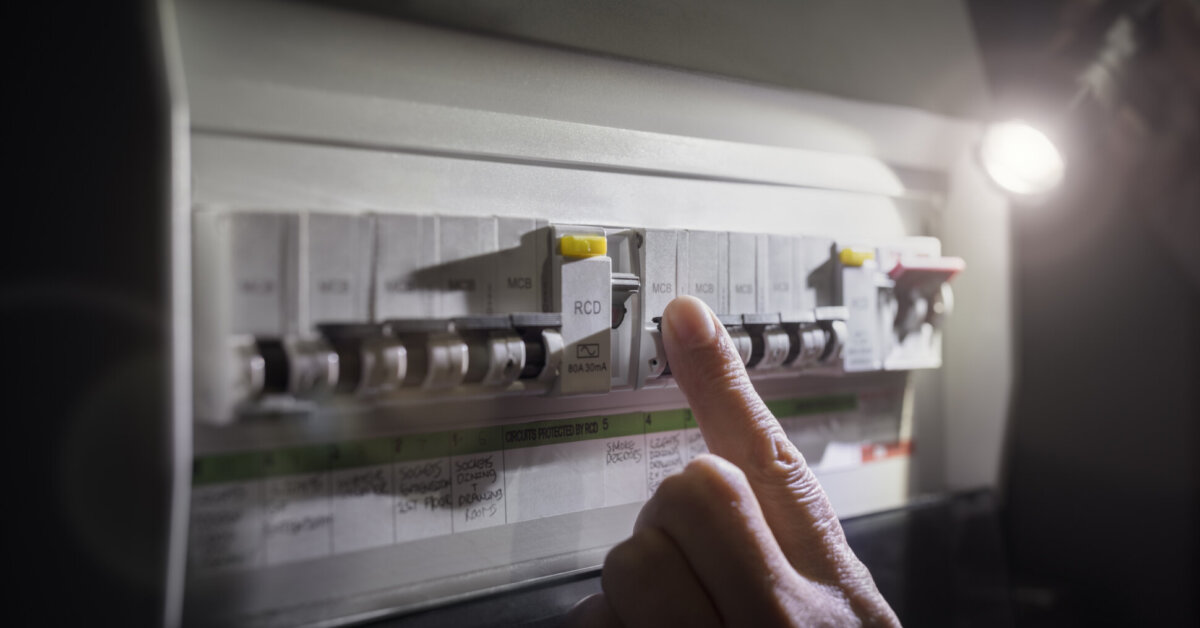 Electricity Power Outage Emergency Turning On Or Off Circuit Breaker On Electrical Fuse Board