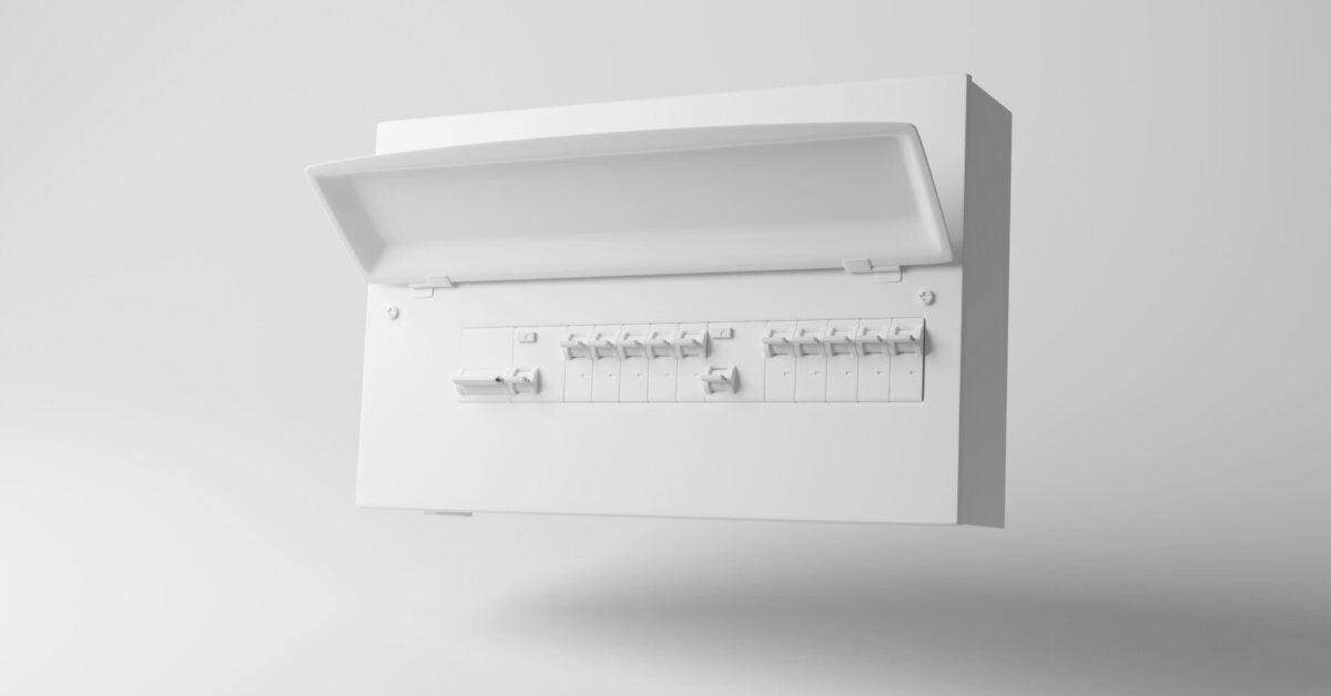 White Electric Fuse Box Floating In Mid Air On White Background In Monochrome And Minimalism Illustration Of The Concept Of Electrical Home Safety